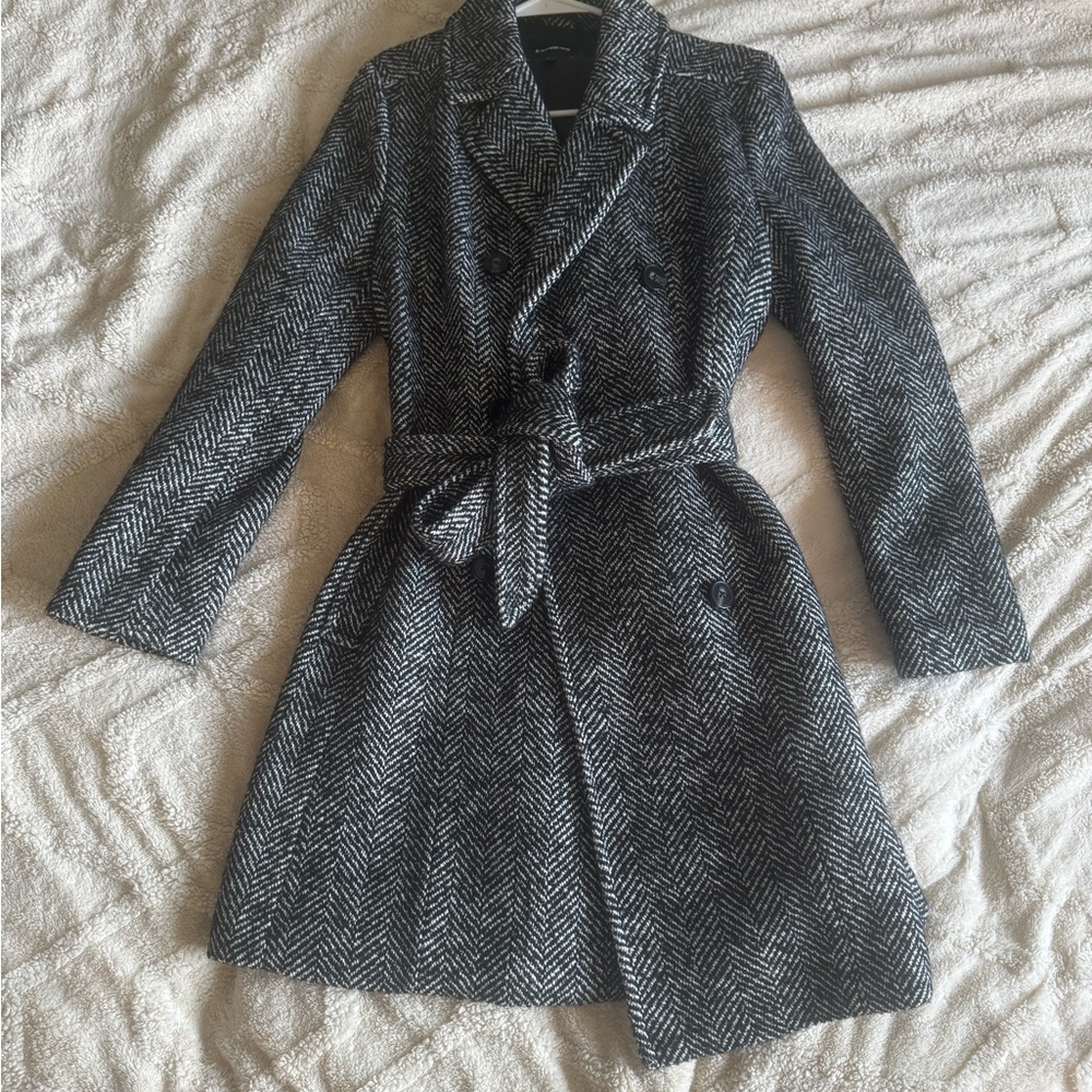 Express Black and Gray Herringbone Trench Coat
